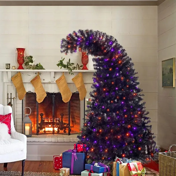 6FT Artificial Fir Bent Top Halloween Christmas Tree, Xmas Tree Bendable Style Christmas Tree Holiday Decoration W1,080 Branch Tips, 300 LED Lights X Mas Halloween Style
