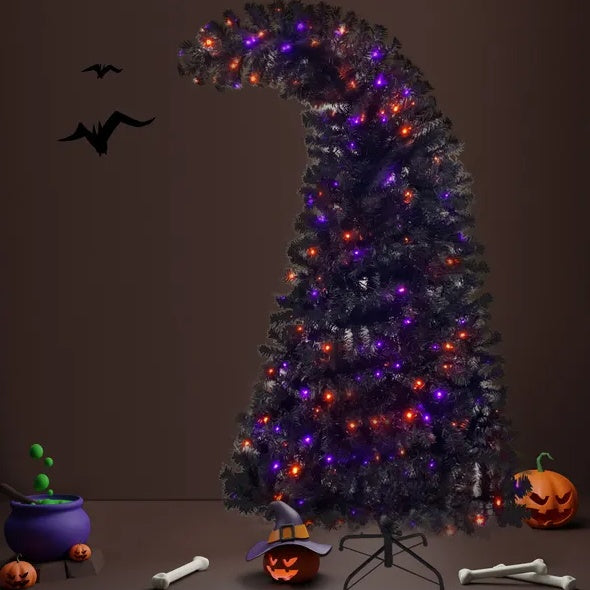 6FT Artificial Fir Bent Top Halloween Christmas Tree, Xmas Tree Bendable Style Christmas Tree Holiday Decoration W1,080 Branch Tips, 300 LED Lights X Mas Halloween Style