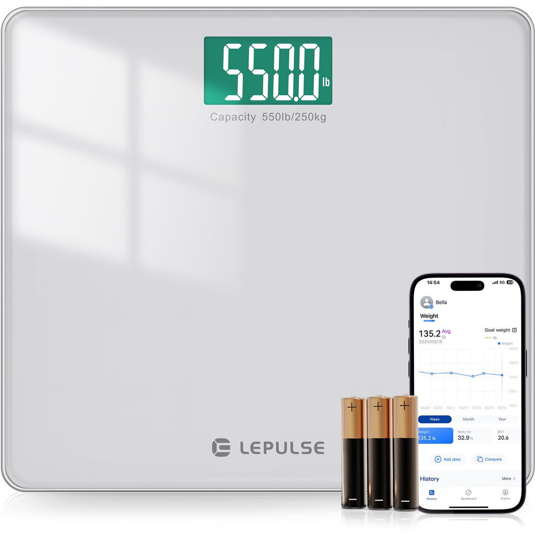 LEPULSE 550lb Bathroom Digital Scale for Body Weight BMI Extra Wide Platform High Capacity Large Backlit Display Most Accurate Bathroom Scale up to 500 lbs Weight Scale with APP 8mm Tempered Glass