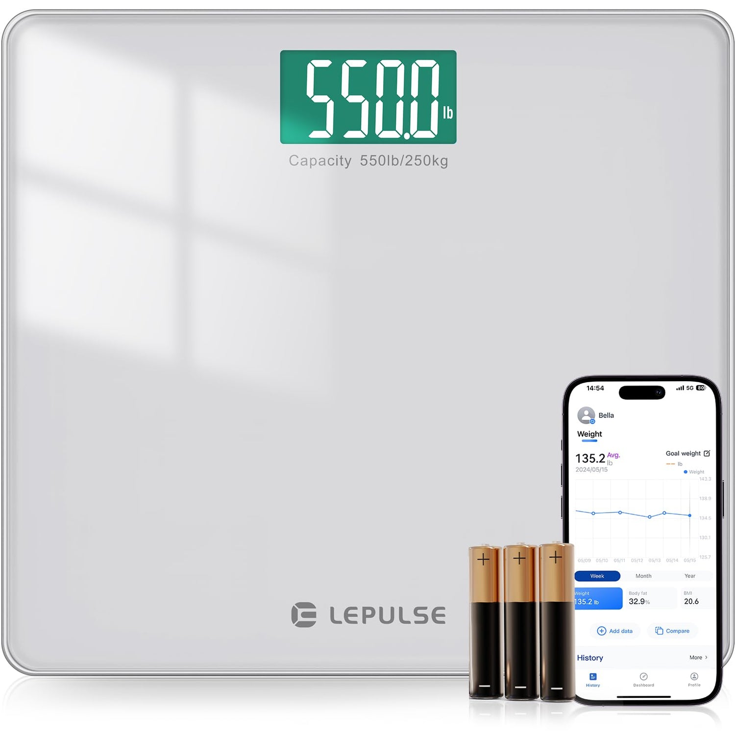 LEPULSE 550lb Bathroom Digital Scale for Body Weight BMI Extra Wide Platform High Capacity Large Backlit Display Most Accurate Bathroom Scale up to 500 lbs Weight Scale with APP 8mm Tempered Glass