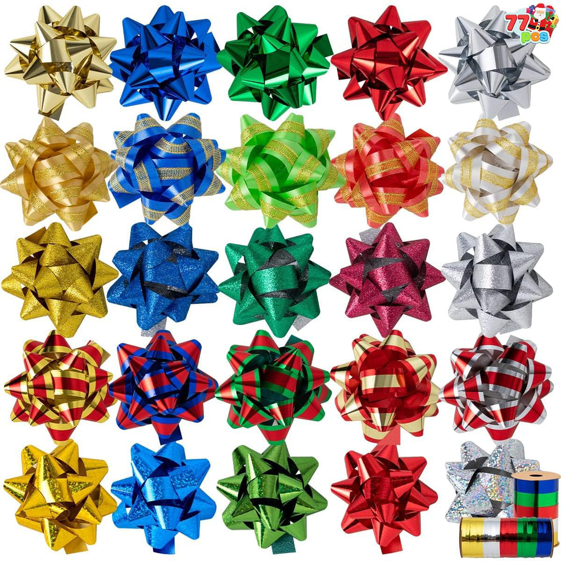 JOYIN 75 PCS 3 Inch Christmas Self Adhesive Gift Bows and 8 Rolls of Christmas Curling Ribbons for Baskets Wine Bottles Decoration Gift Wrapping and Decoration Present
