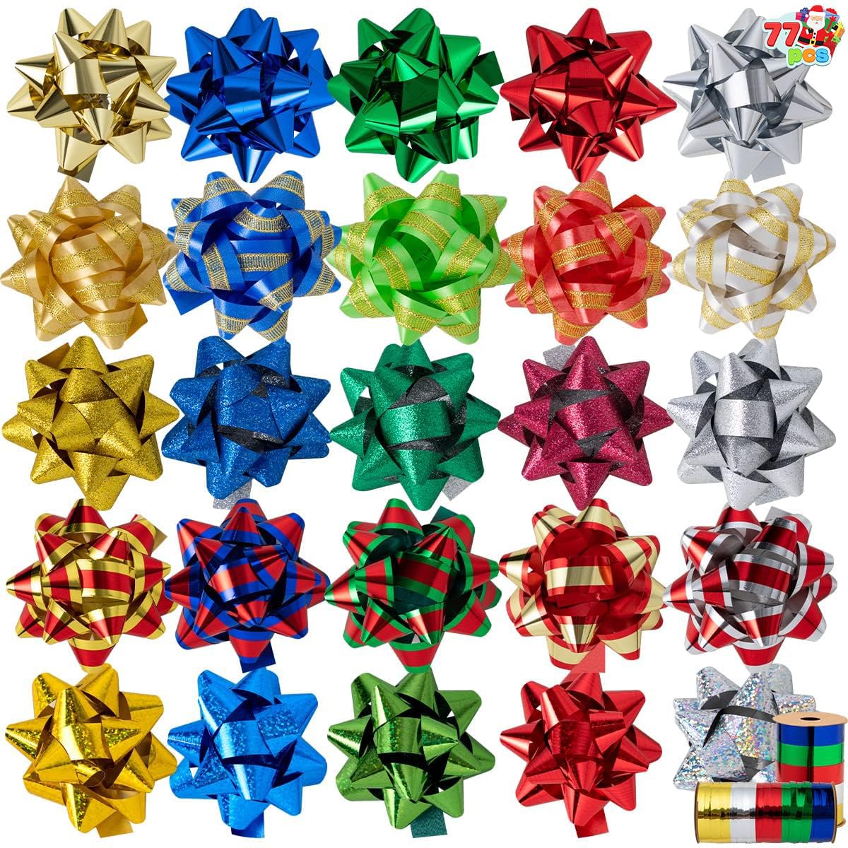 JOYIN 75 PCS 3 Inch Christmas Self Adhesive Gift Bows and 8 Rolls of Christmas Curling Ribbons for Baskets Wine Bottles Decoration Gift Wrapping and Decoration Present