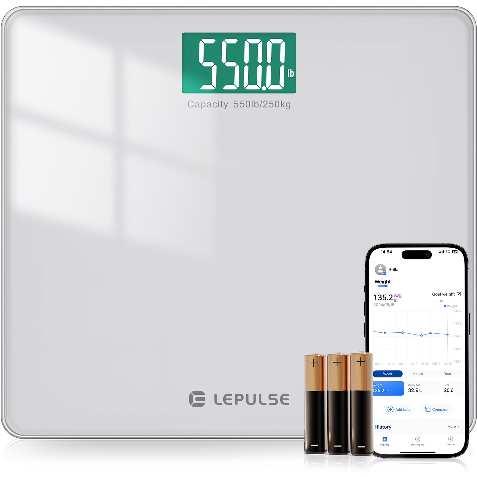 LEPULSE 550lb Bathroom Digital Scale for Body Weight BMI Extra Wide Platform High Capacity Large Backlit Display Most Accurate Bathroom Scale up to 500 lbs Weight Scale with APP 8mm Tempered Glass