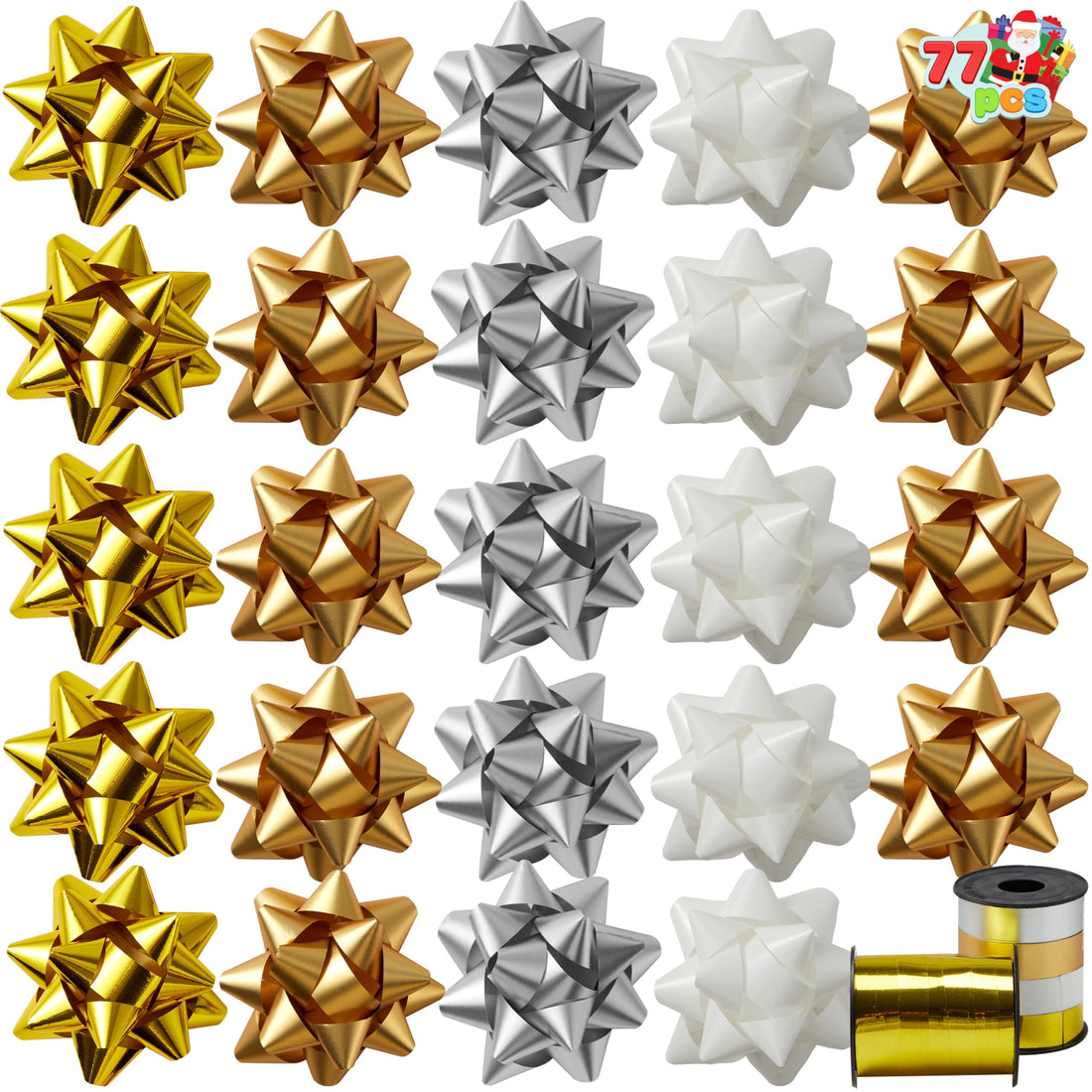 JOYIN 75 PCS 3 Inch Christmas Self Adhesive Gift Bows (Gold Silver White) and 2 Rolls of Christmas Curling Ribbons for Baskets Wine Bottles Decoration Gift Wrapping and Decoration Present