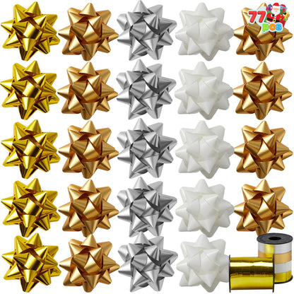 JOYIN 75 PCS 3 Inch Christmas Self Adhesive Gift Bows (Gold Silver White) and 2 Rolls of Christmas Curling Ribbons for Baskets Wine Bottles Decoration Gift Wrapping and Decoration Present