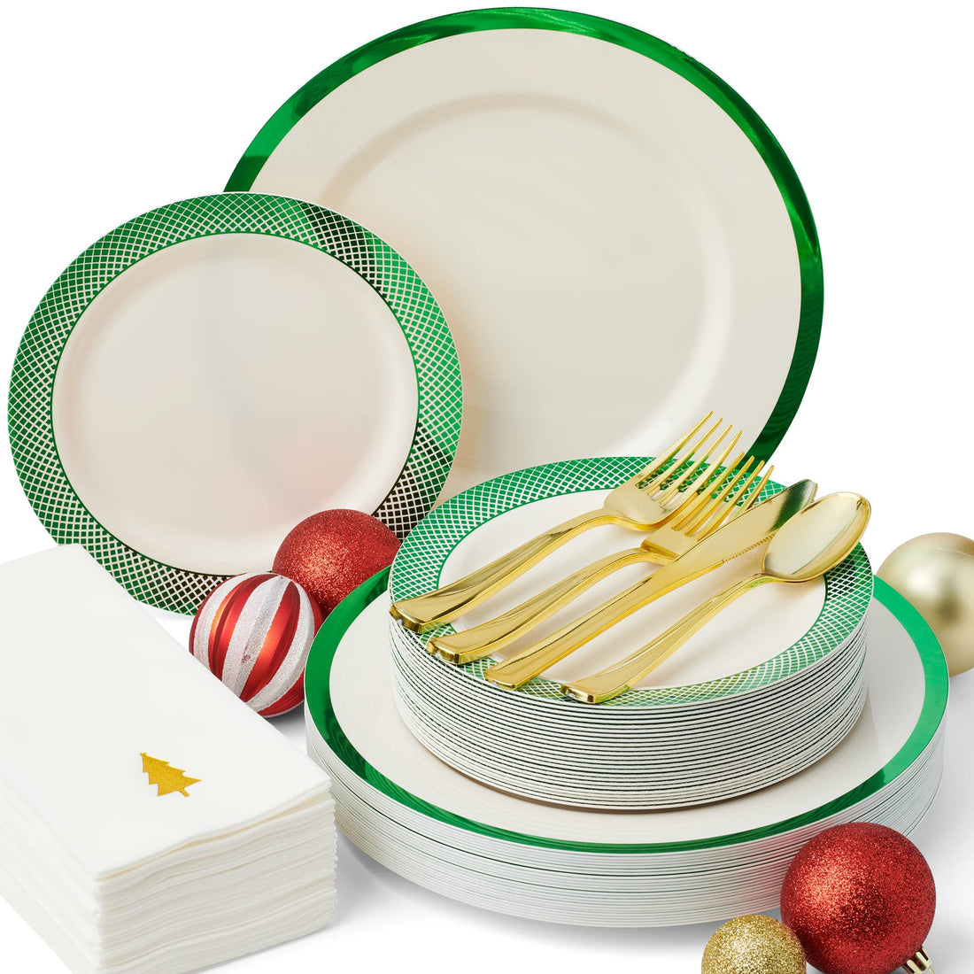 By Madee HEAVYWEIGHT 175 Pc Disposable Christmas Plates and Napkins Set | Ivory Plates Green Trim | Christmas Plates Holiday Napkins Silverware | Christmas Disposable Dinnerware (25 Guests)