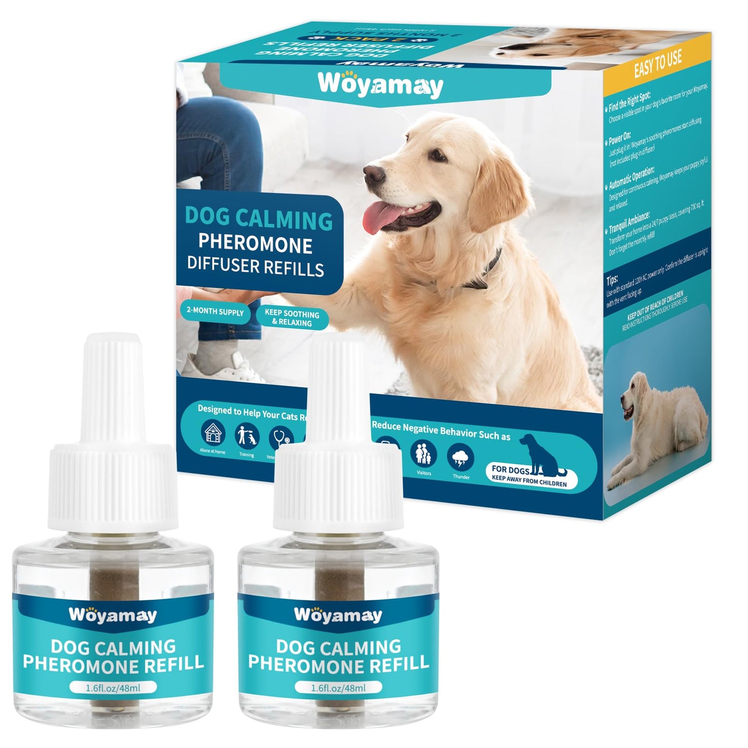 Woyamay Dog Calming Diffuser Refills - Dog Pheromones Calming Diffuser for Dogs Relieve Anxiety &amp; Stress 2-Month Supply Dog Pheromone Diffuser Refills (Fits All Common Diffuser Heads)