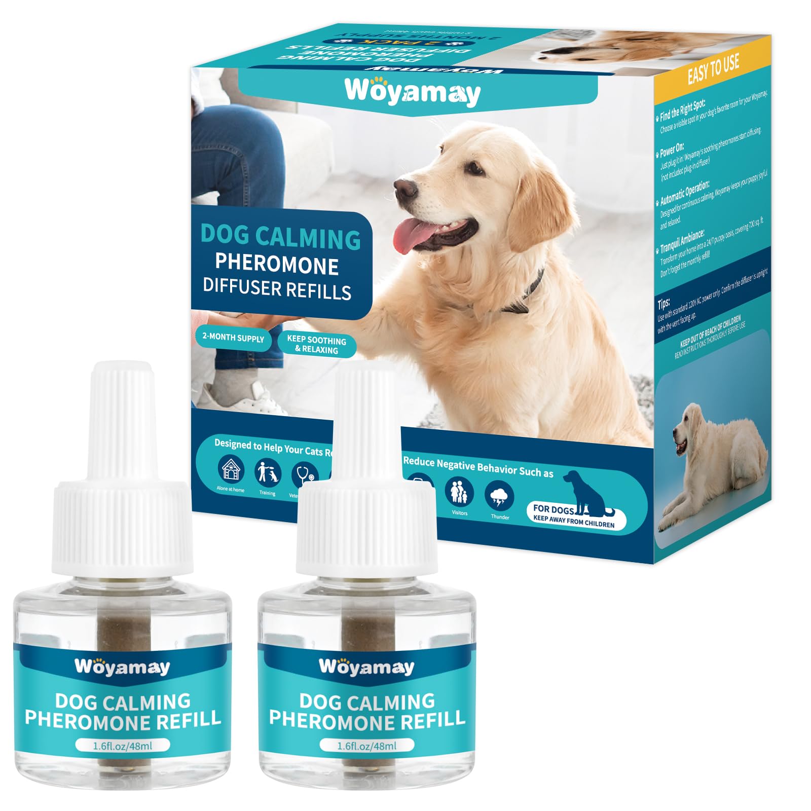 Woyamay Dog Calming Diffuser Refills - Dog Pheromones Calming Diffuser for Dogs Relieve Anxiety &amp; Stress 2-Month Supply Dog Pheromone Diffuser Refills (Fits All Common Diffuser Heads)
